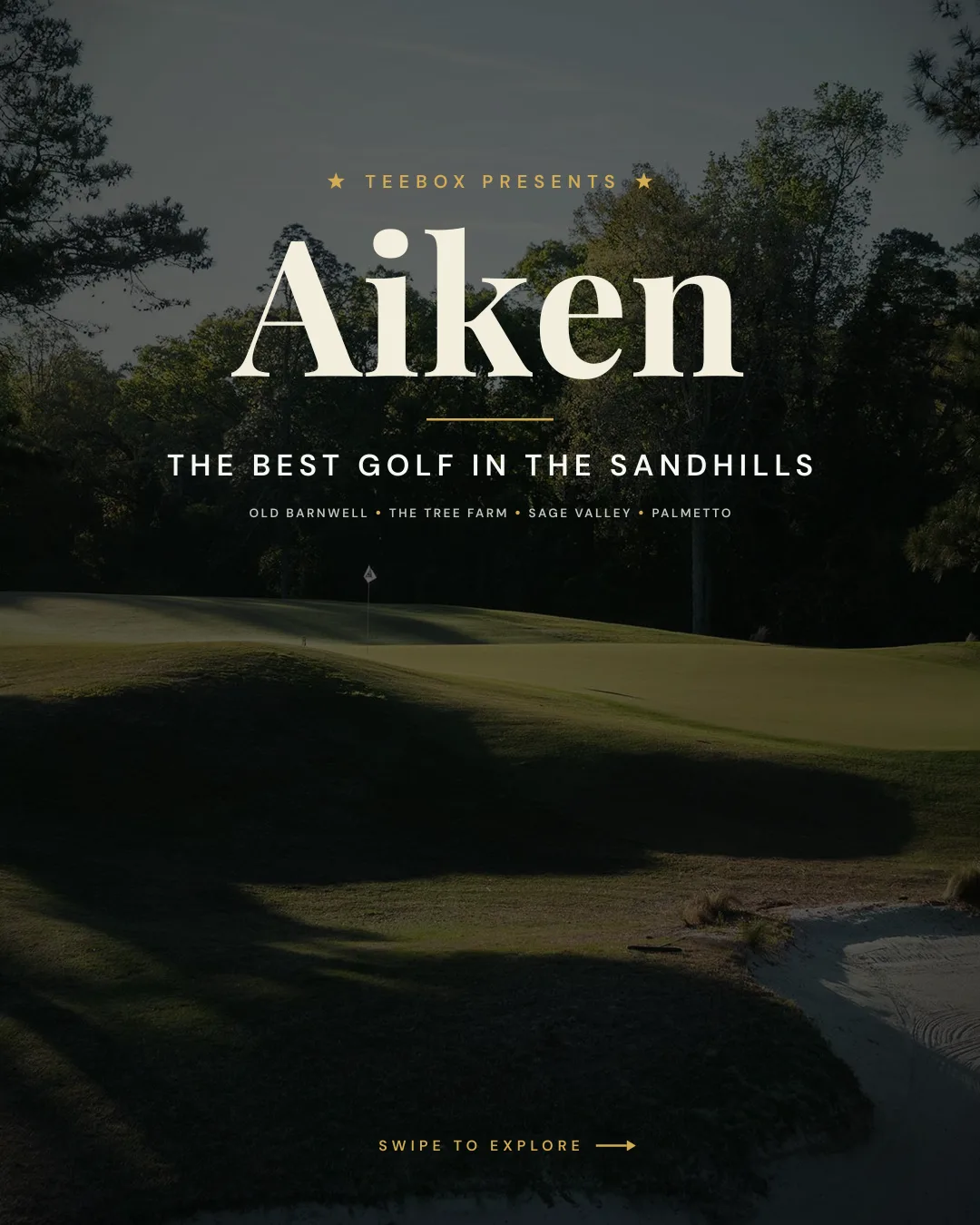 Long evening shadows across a sandhills green at Palmetto Golf Club in Aiken, South Carolina