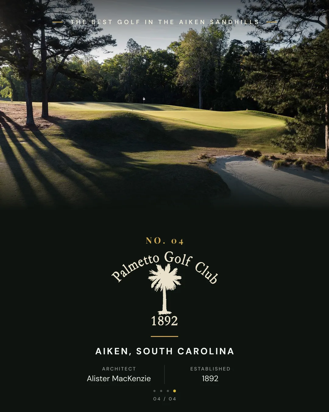 Palmetto Golf Club — evening shadows stretching across a green at one of America's oldest courses
