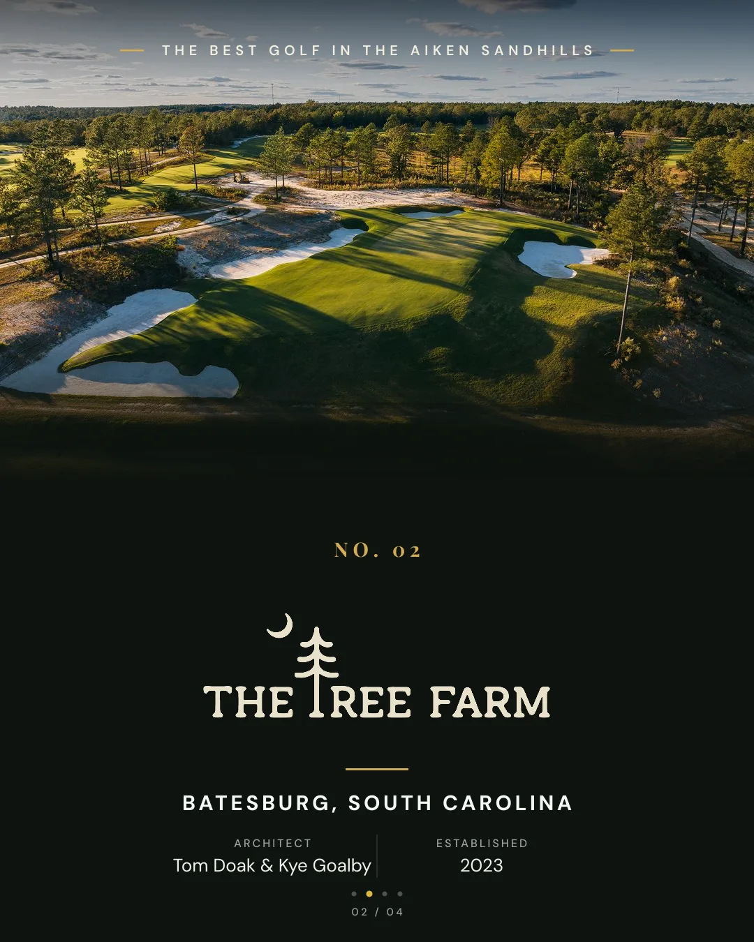 The Tree Farm — aerial of a sandy, fast-running golf hole cut through South Carolina pine forest