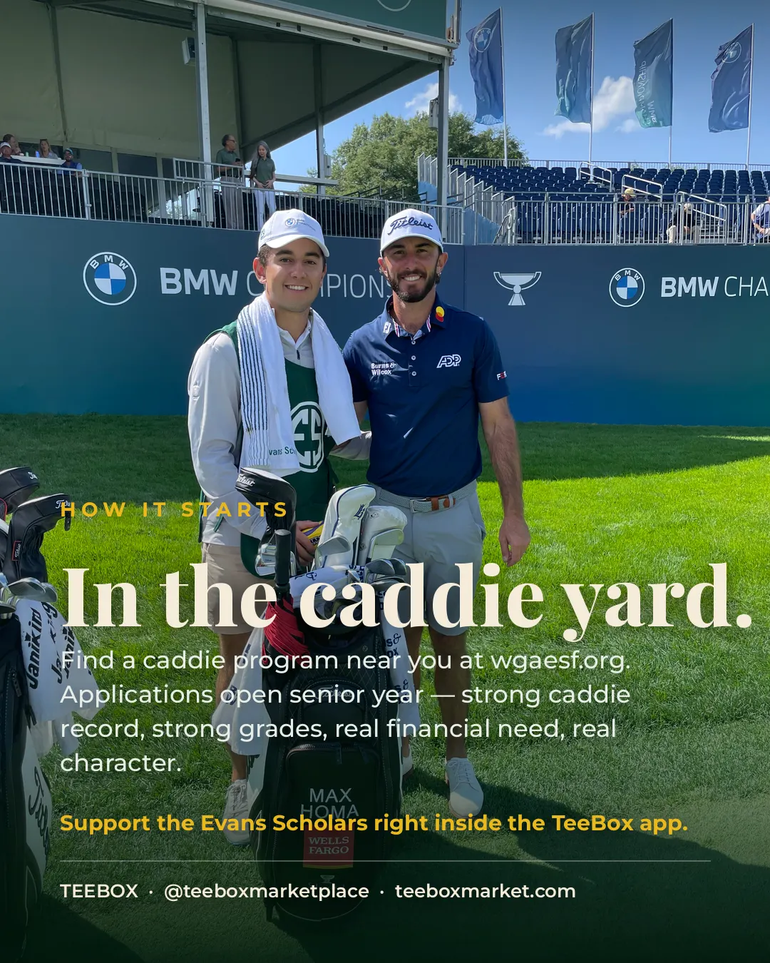 An Evans Scholar caddie with Max Homa and his Titleist tour bag at the BMW Championship