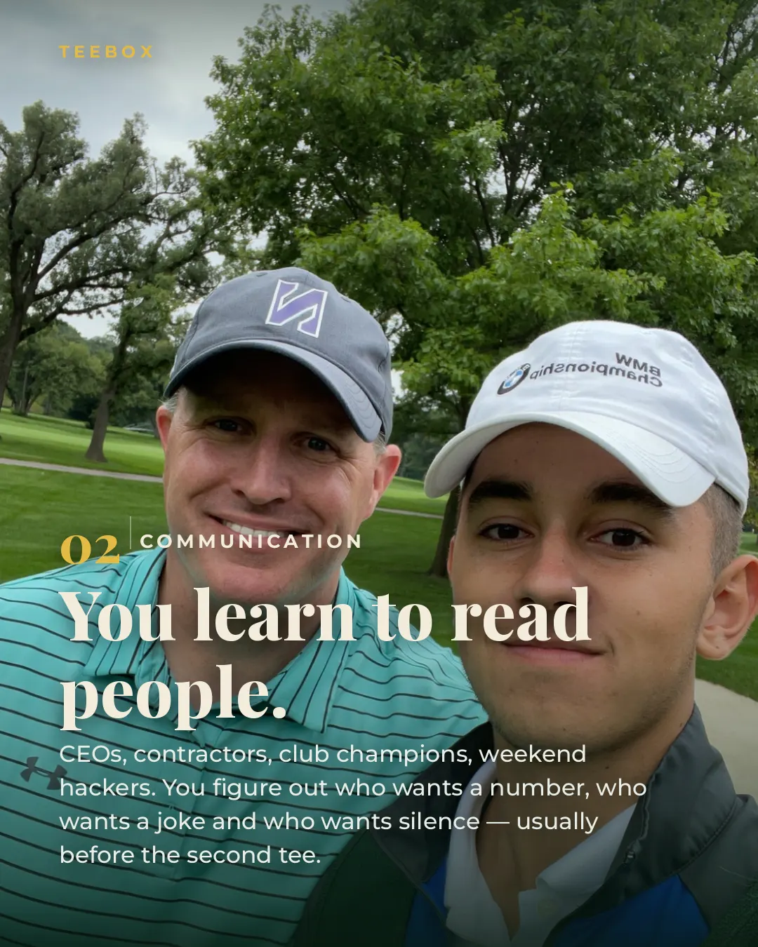 A caddie and his player smiling on the course before a round