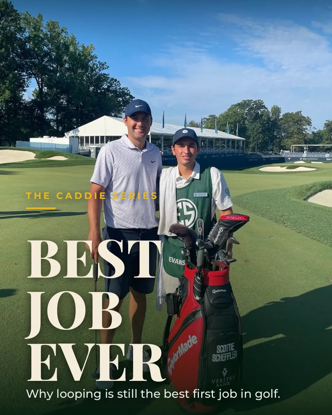 A young caddie in an Evans Scholar bib standing beside Scottie Scheffler and his TaylorMade tour bag at the BMW Championship