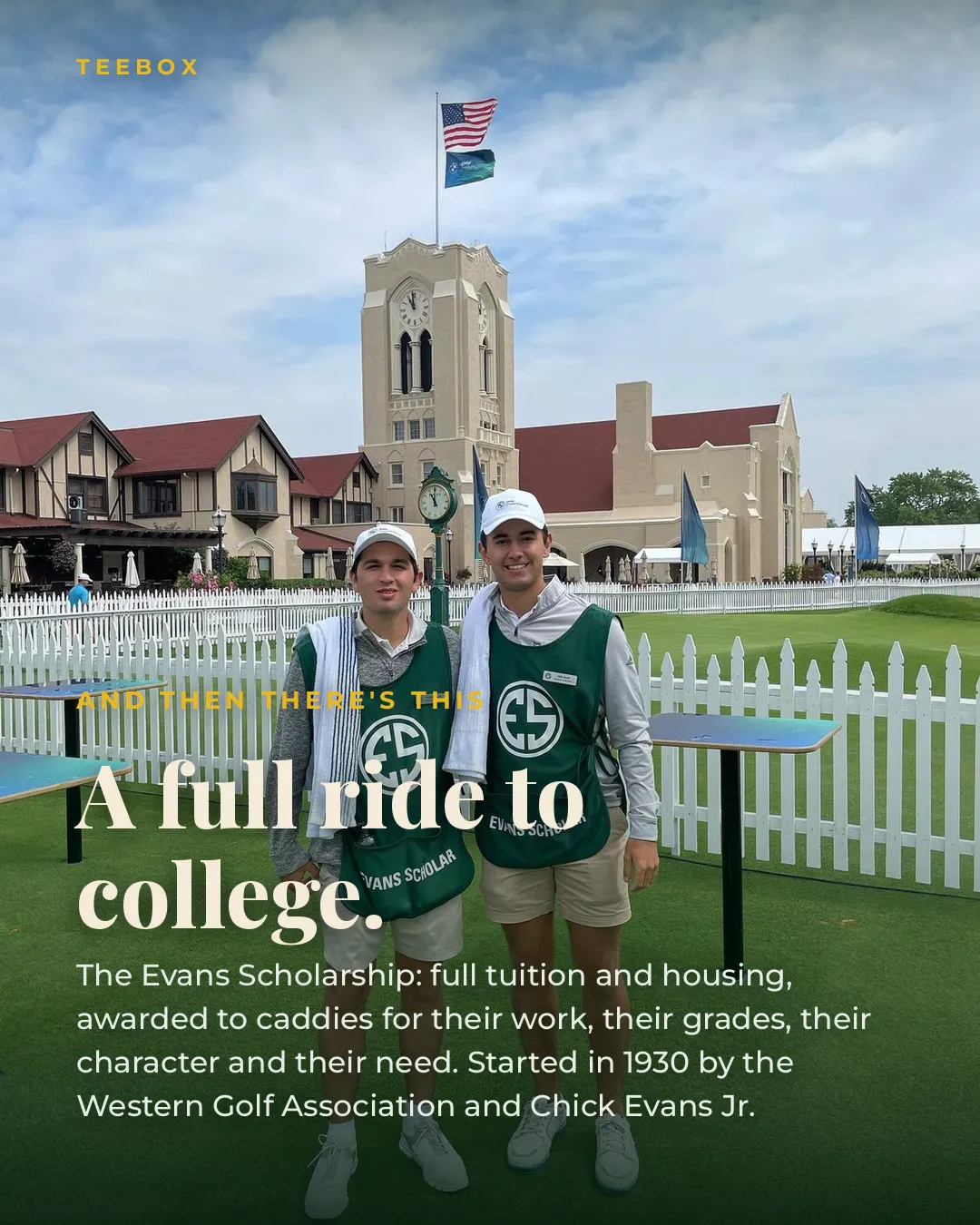Two Evans Scholar caddies in green bibs in front of the Olympia Fields clubhouse