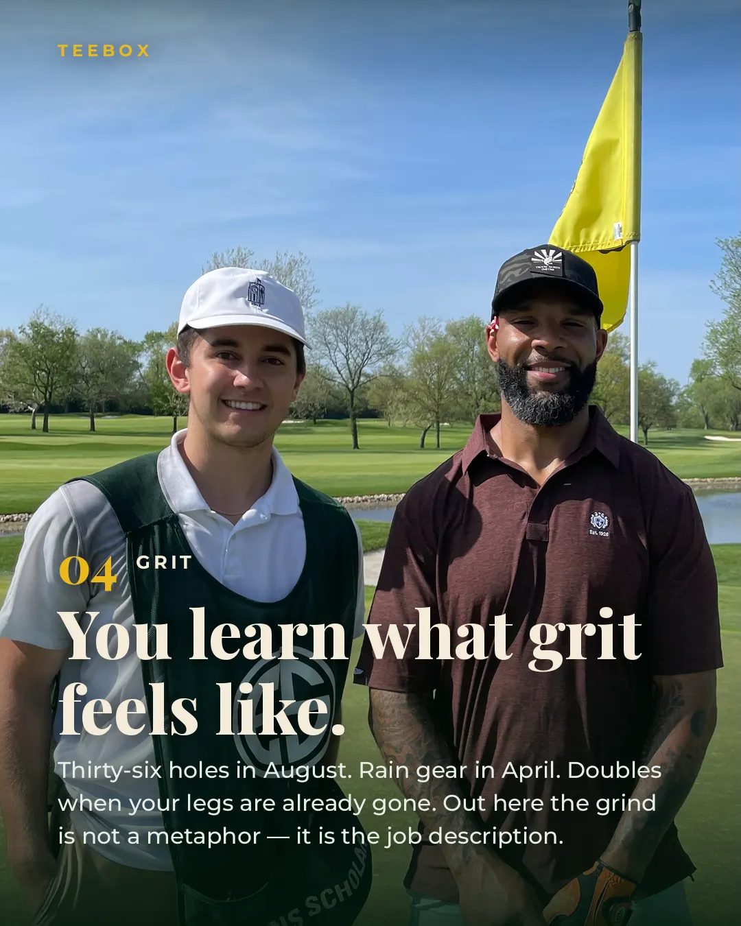 A caddie and his player beside the flag on a sunny afternoon