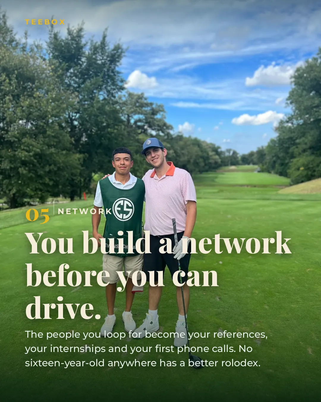 A young Evans Scholar caddie with his player on the tee box