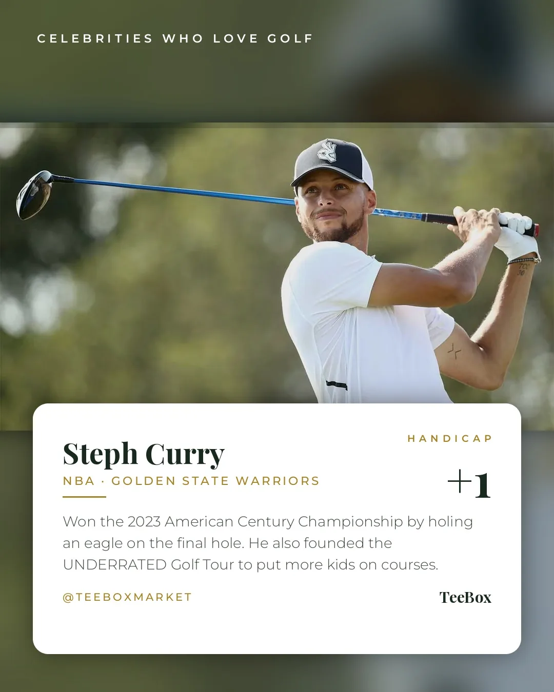 Steph Curry watching a tee shot at the top of his follow-through