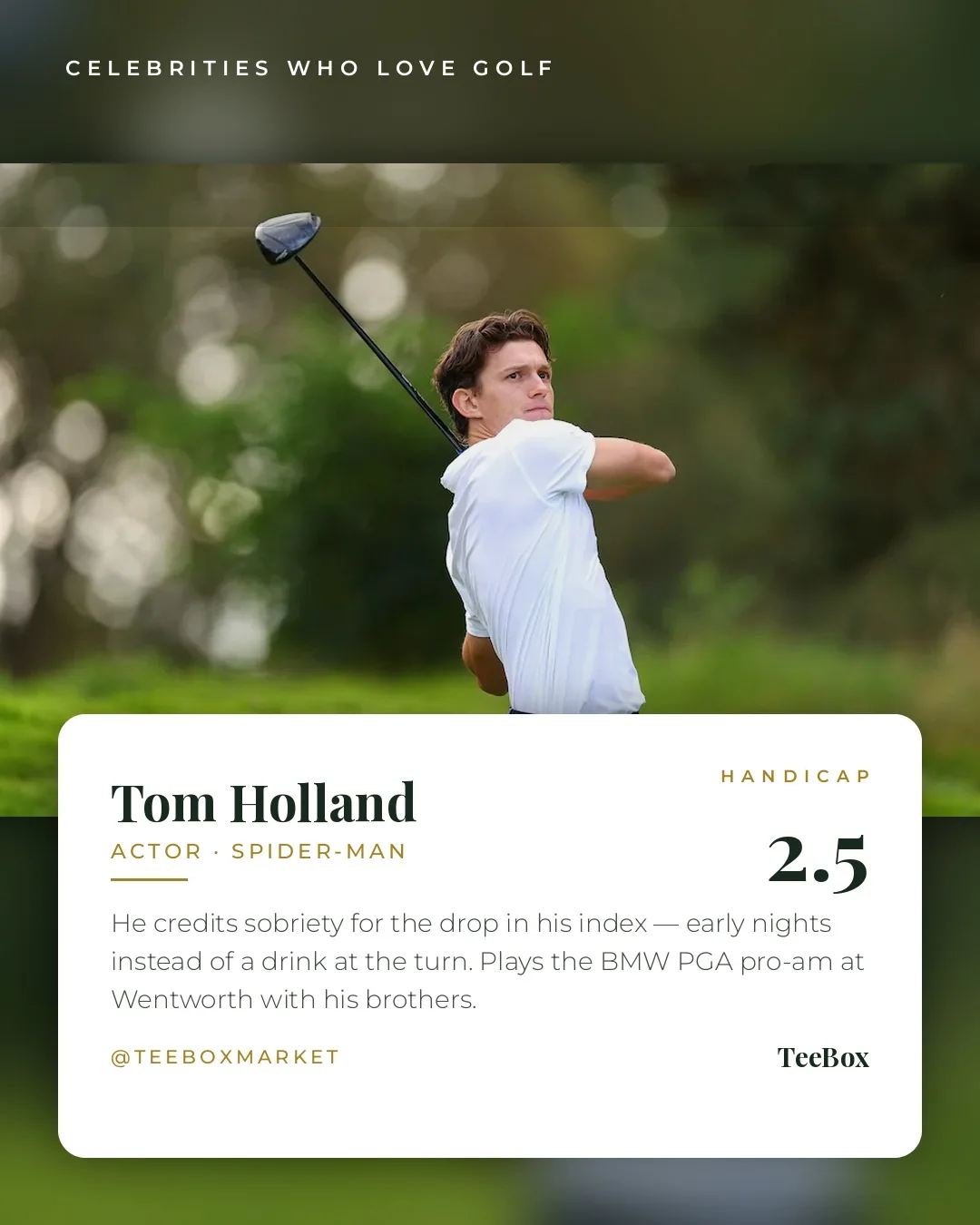Tom Holland mid-swing with a driver