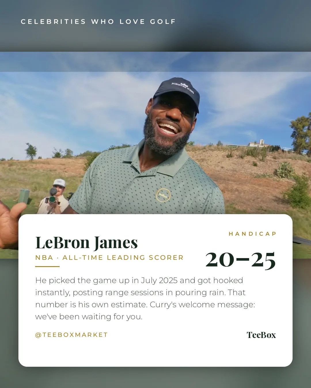 LeBron James laughing on the tee box under a blue sky
