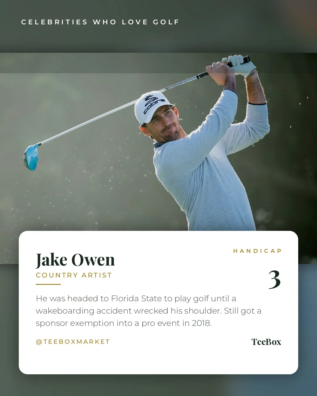 Jake Owen at the top of his backswing with a driver