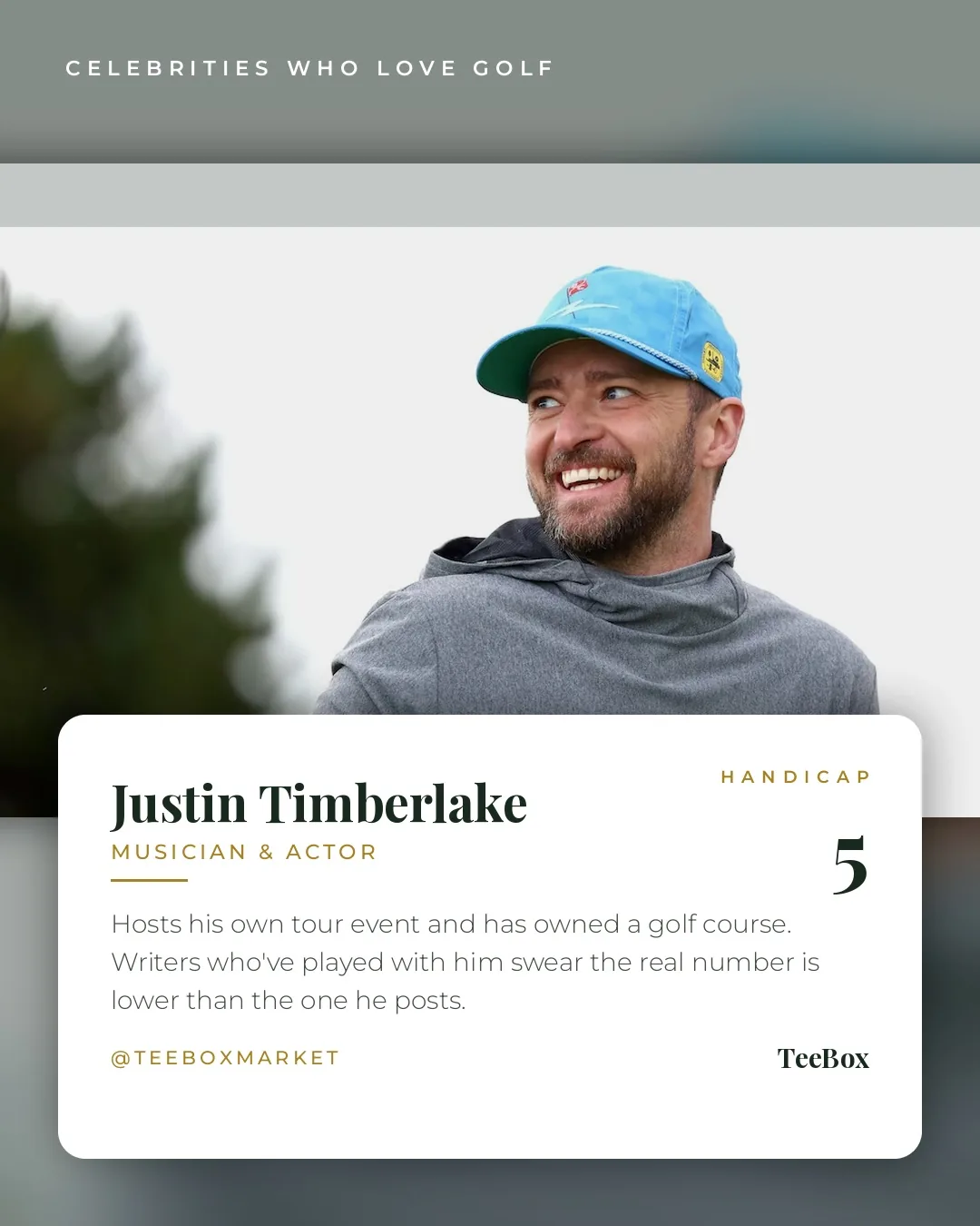 Justin Timberlake smiling on the course in a blue rope hat