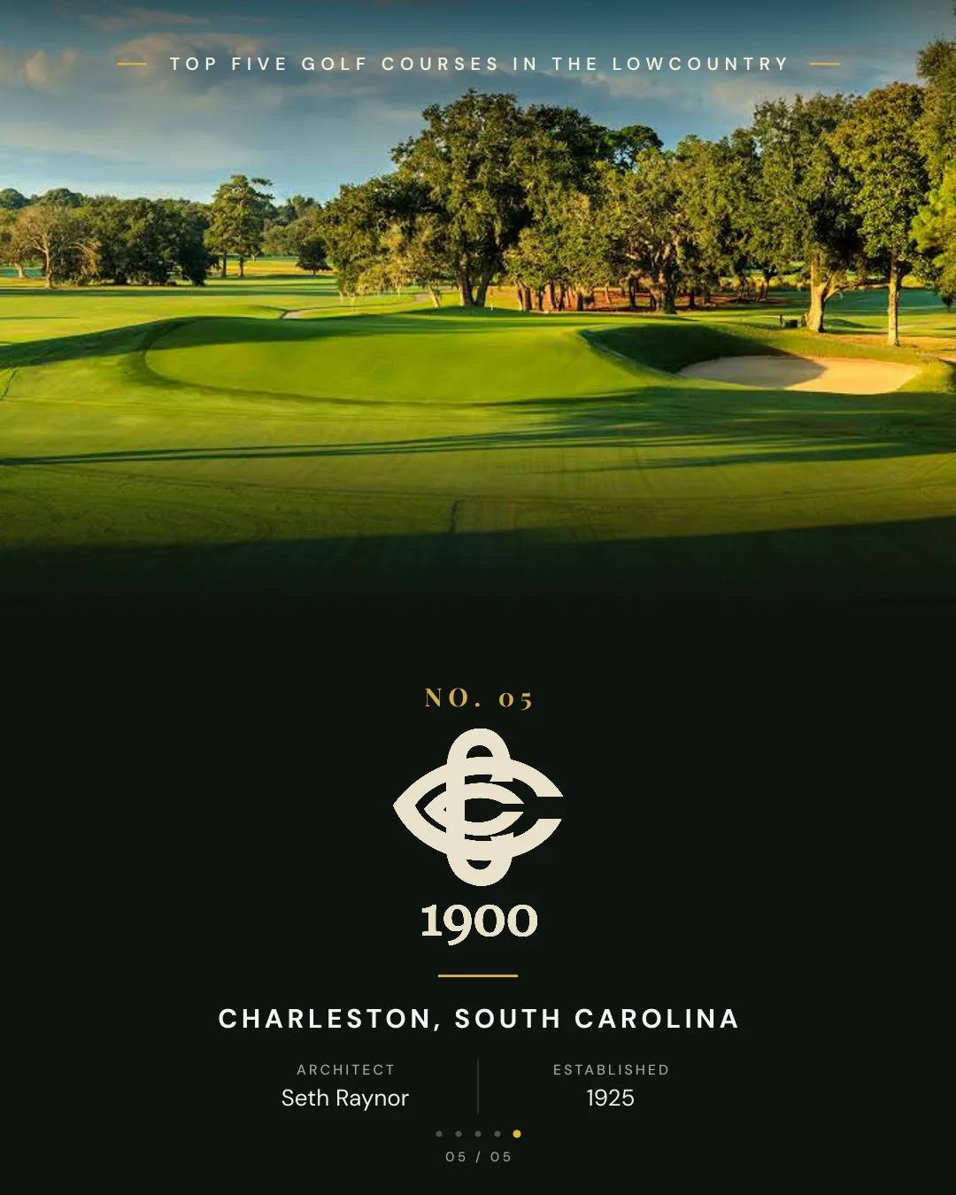Country Club of Charleston — Seth Raynor green complex and bunkering framed by oaks on the Ashley River