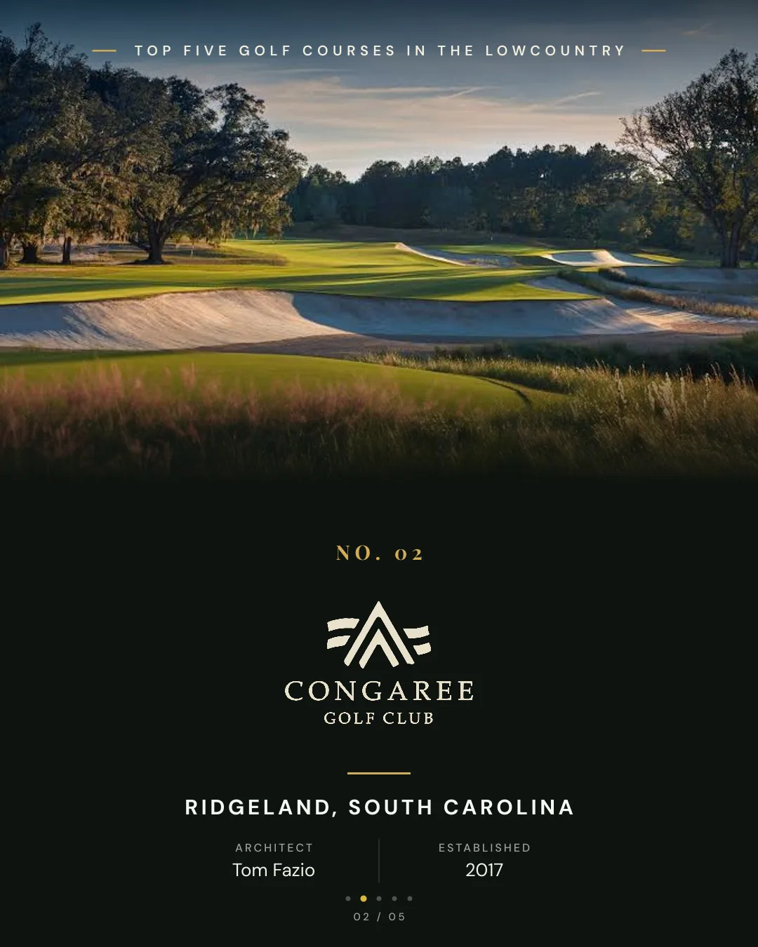 Congaree Golf Club — sprawling bunkers and firm fairways framed by moss-draped oaks at sunset