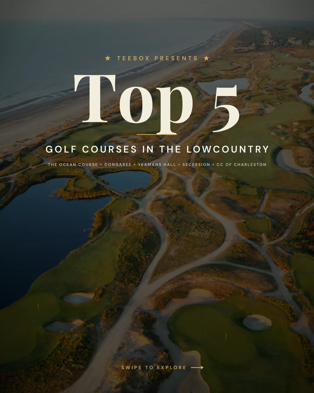 Aerial view of the Ocean Course at Kiawah Island — dunes, marsh, and Atlantic surf in the South Carolina Lowcountry