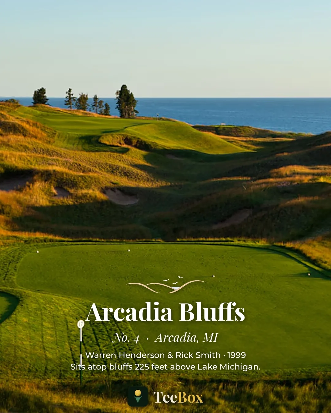 Arcadia Bluffs Golf Club in Arcadia, Michigan &mdash; a tee shot across rumpled fescue to a green perched on bluffs high above Lake Michigan at golden hour
