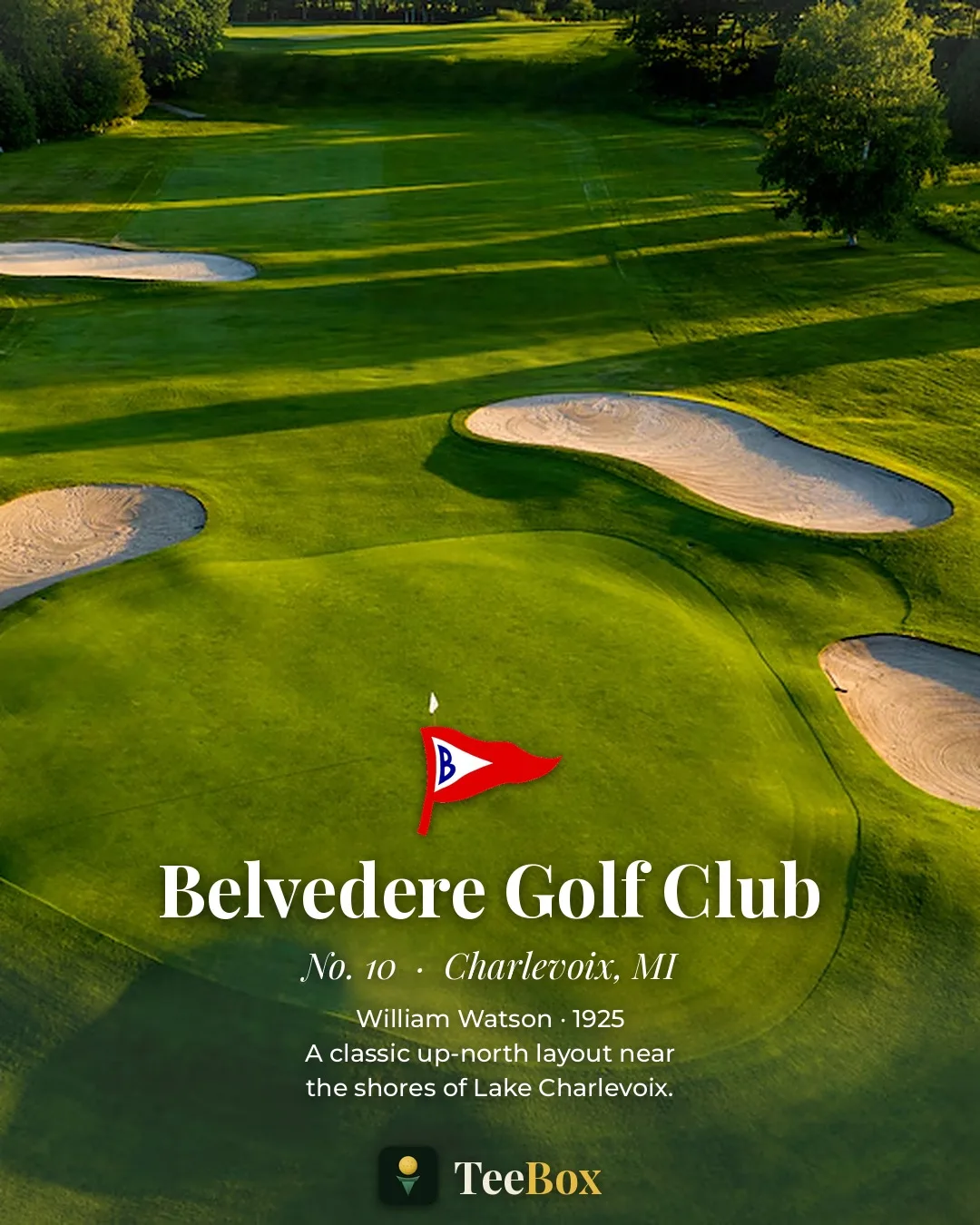 Belvedere Golf Club in Charlevoix, Michigan &mdash; a William Watson green with soft, flat-bottomed bunkers in low evening light