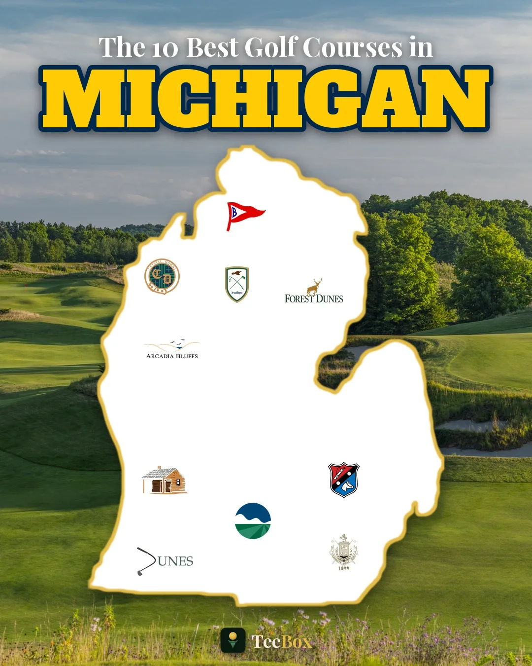 Map of Michigan marked with the crests of the ten best golf courses in the state