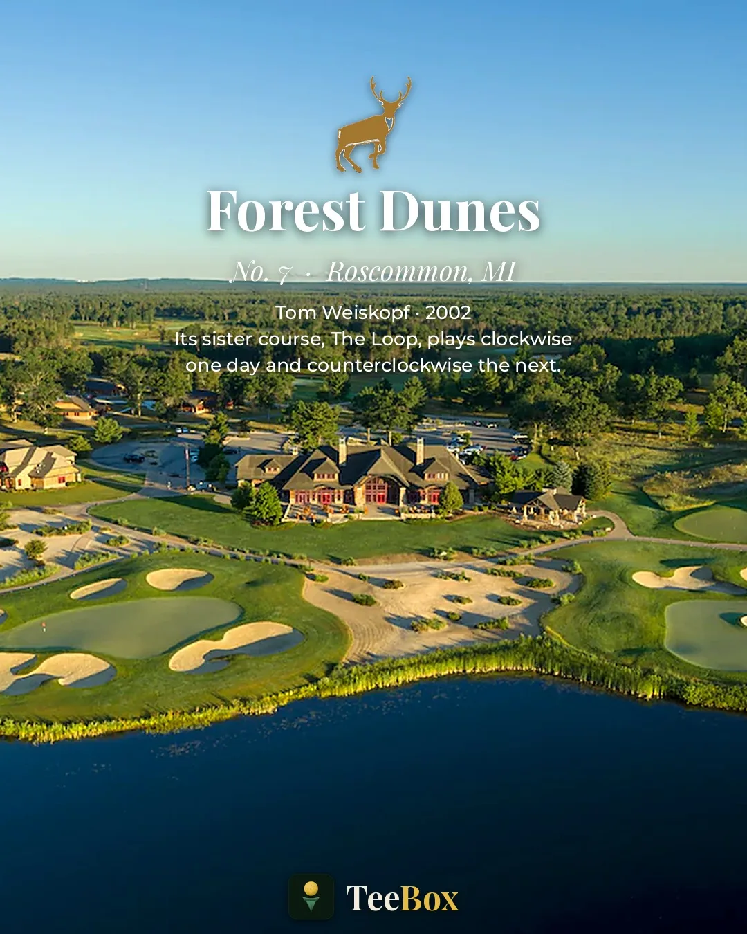 Forest Dunes Golf Club in Roscommon, Michigan &mdash; an aerial of the clubhouse, sand-splashed fairways and a lake at sunrise