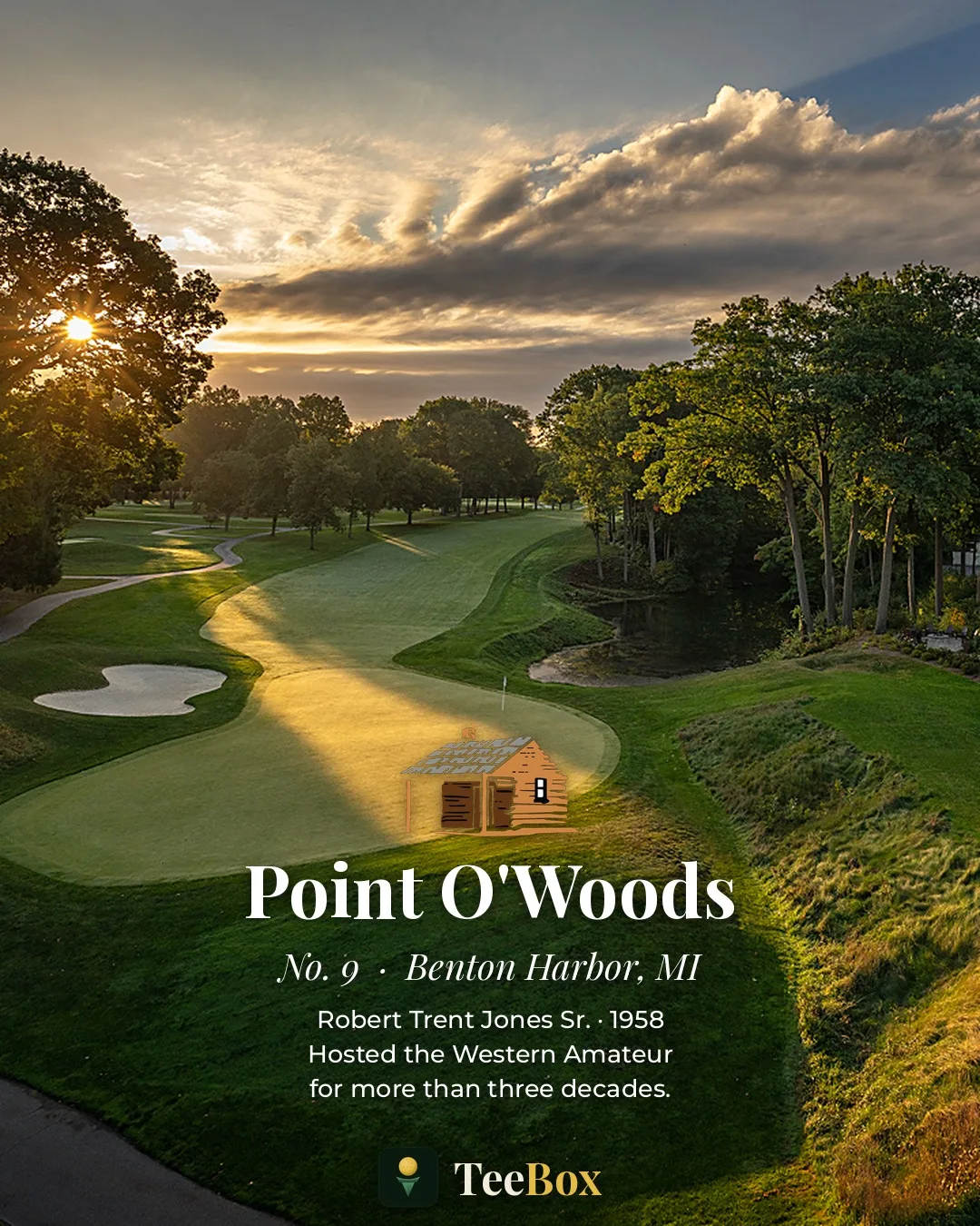 Point O'Woods Golf & Country Club in Benton Harbor, Michigan &mdash; a Robert Trent Jones Sr. green beside a creek, lit by low sun through the trees