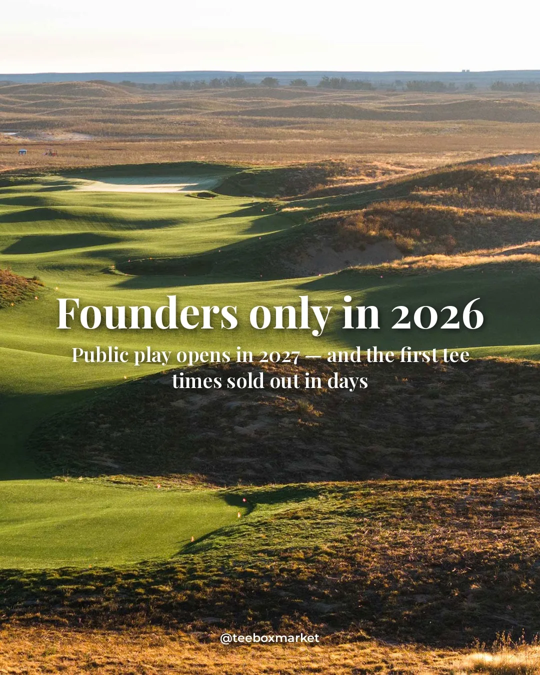 Low sunlight raking across the greens and dunes of Rodeo Dunes — founders-only in 2026, public play opens 2027