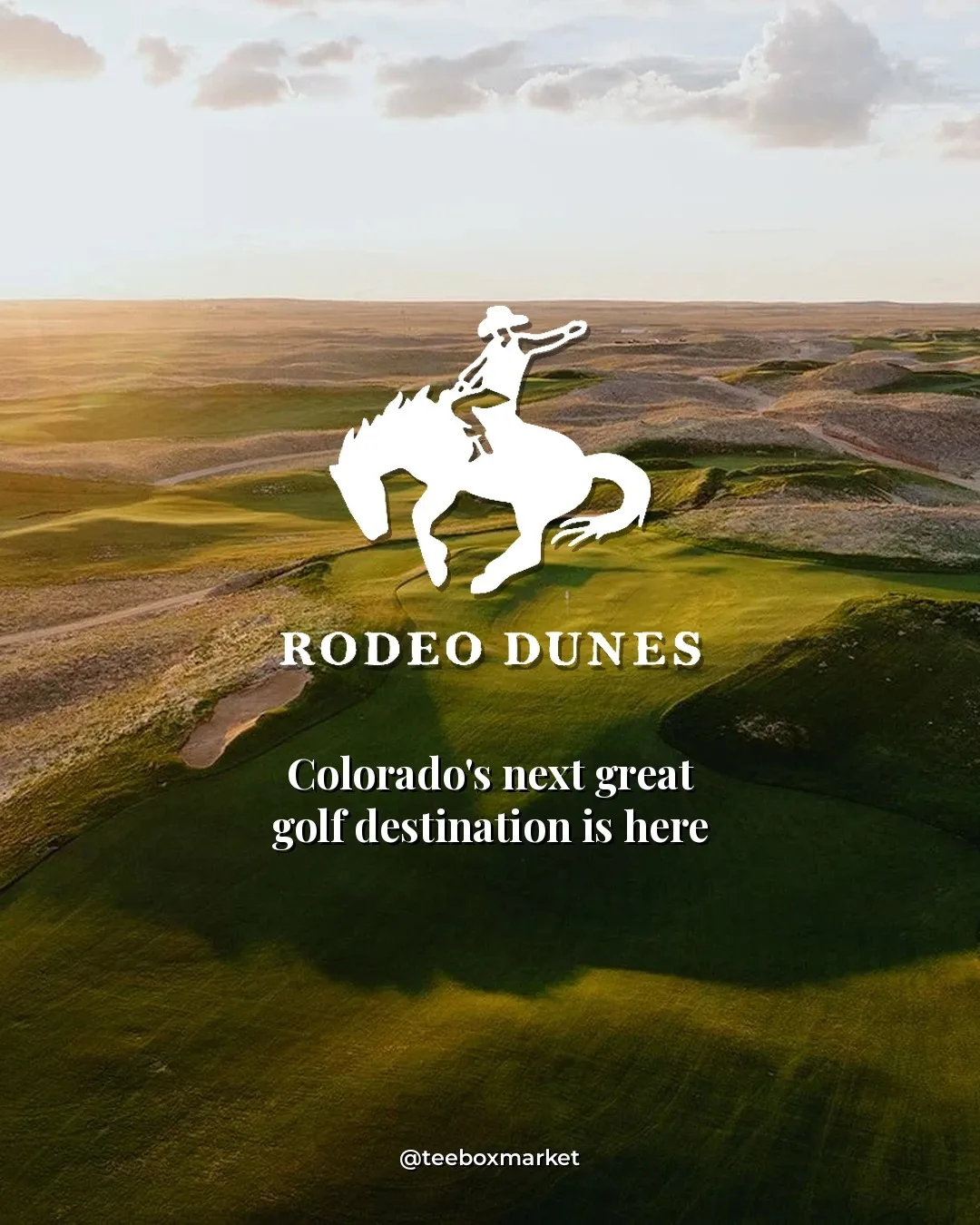 Aerial view of Rodeo Dunes golf course at sunset with the Rodeo Dunes bronco-rider logo — Colorado's next great golf destination