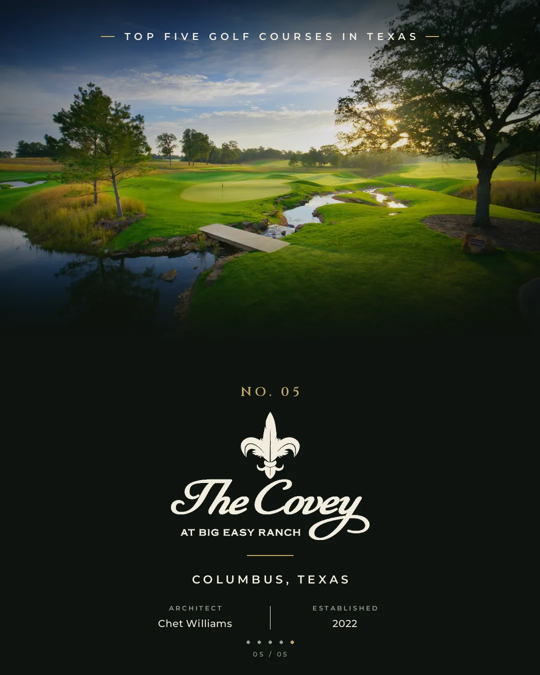 Covey golf course — open fairway framed by native Texas grasses at golden hour
